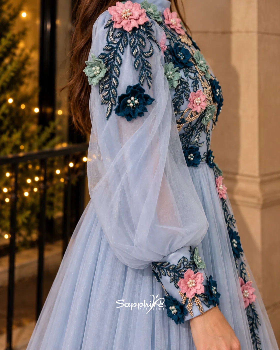 Celestia Blue 3D Floral Tulle Gown detail 6