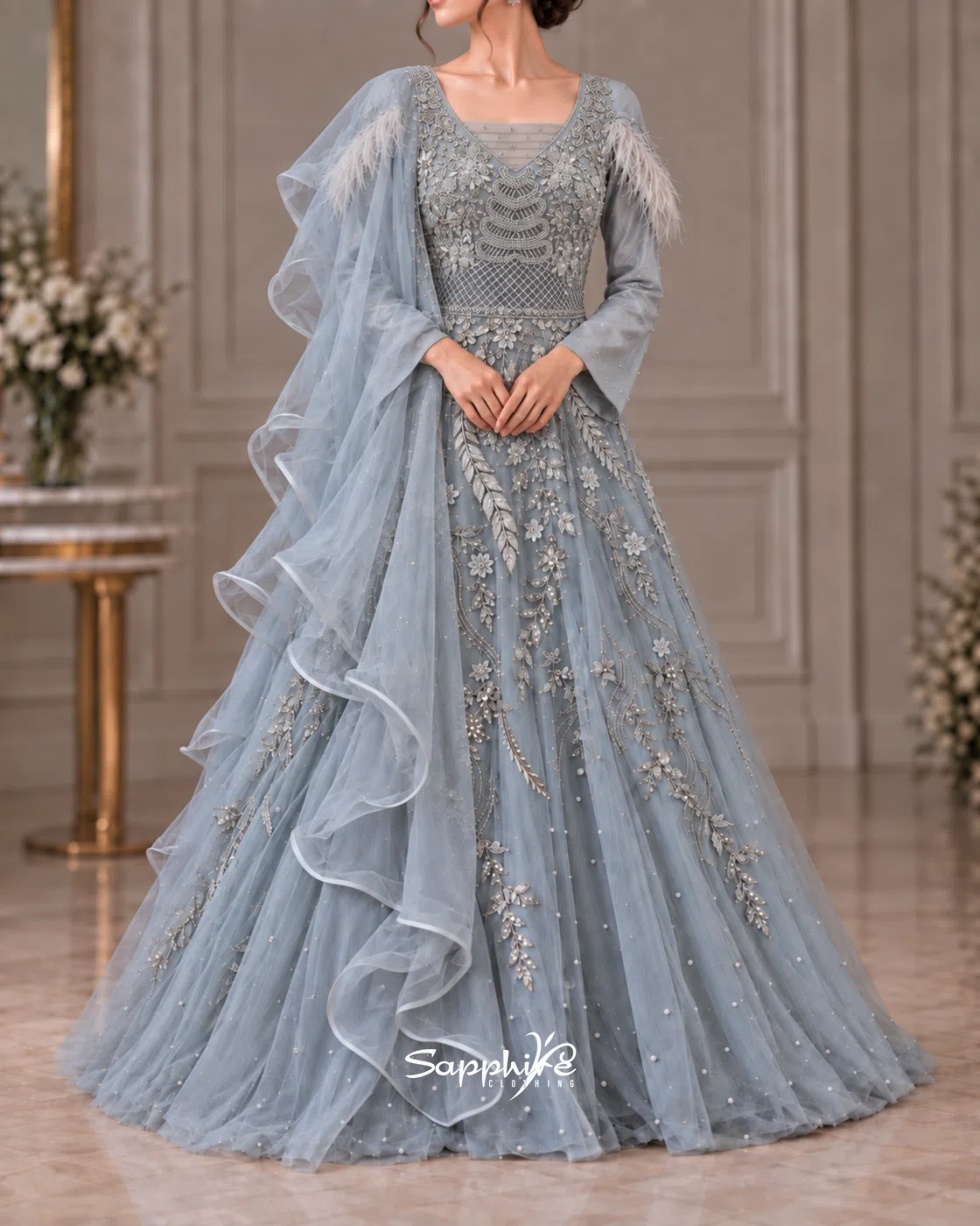 Silver Mist Feather Embellished Gown detail 1