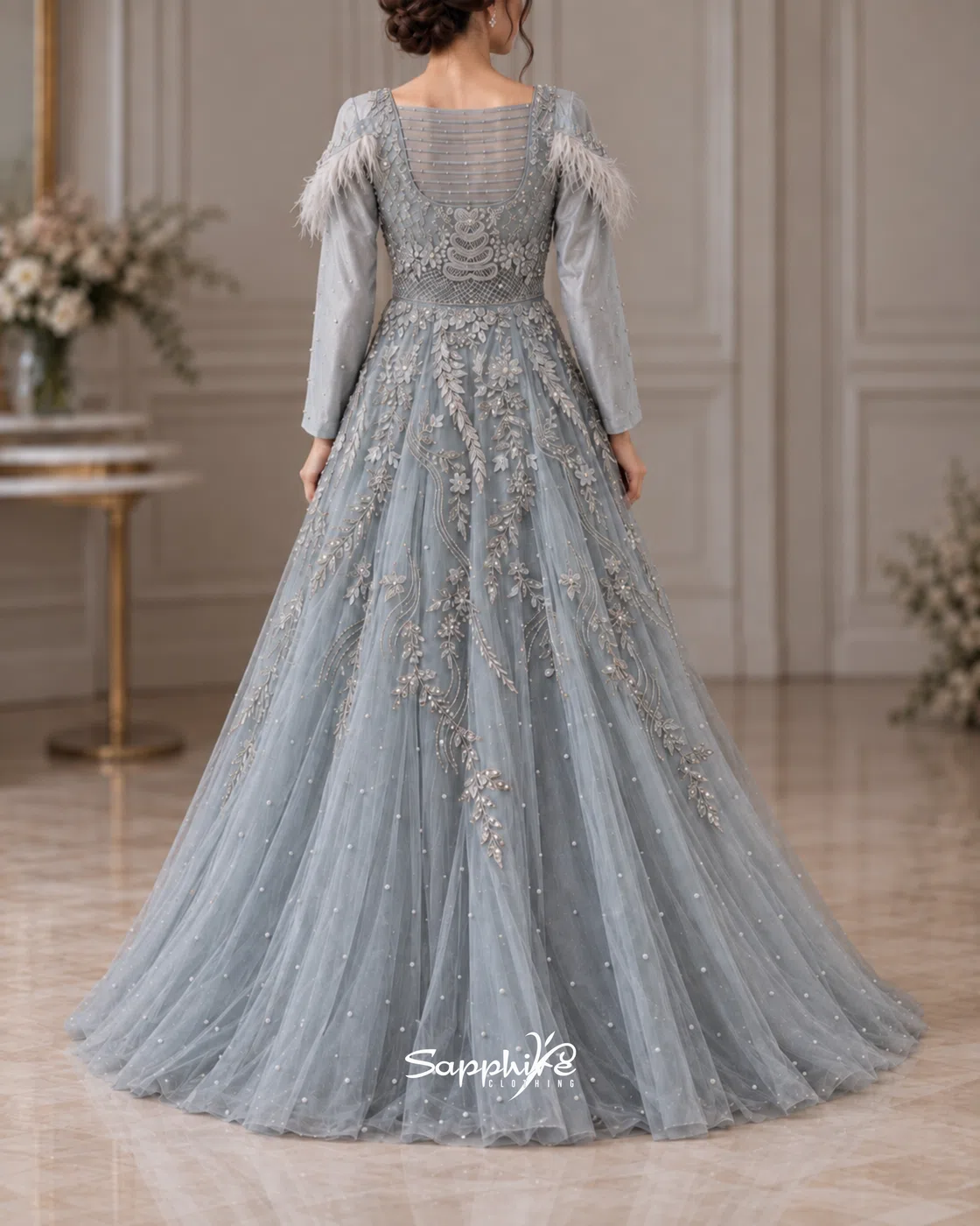 Silver Mist Feather Embellished Gown detail 2