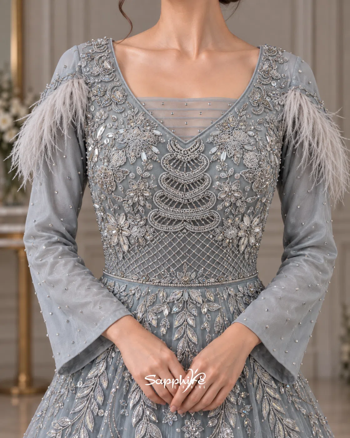 Silver Mist Feather Embellished Gown detail 3