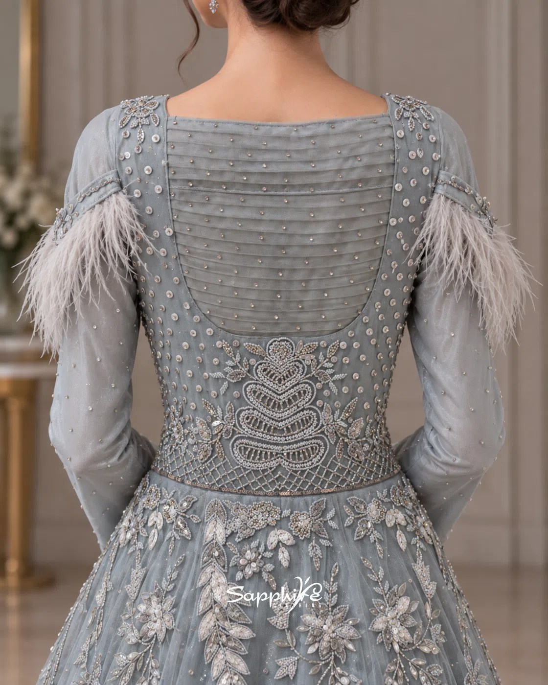 Silver Mist Feather Embellished Gown detail 4