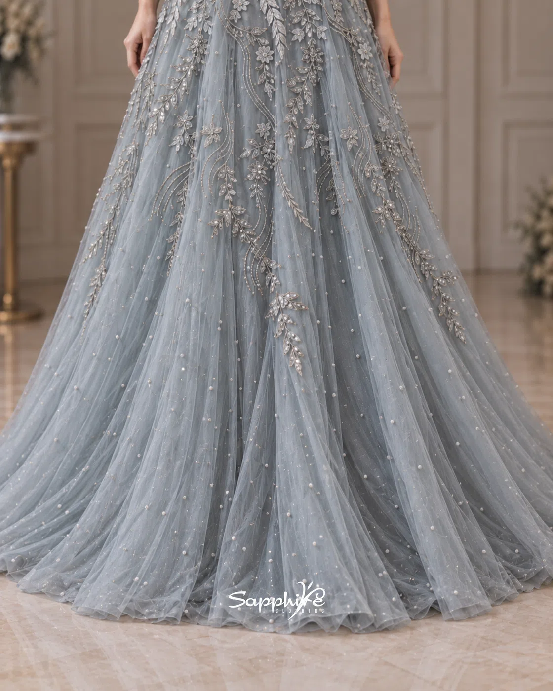 Silver Mist Feather Embellished Gown detail 5