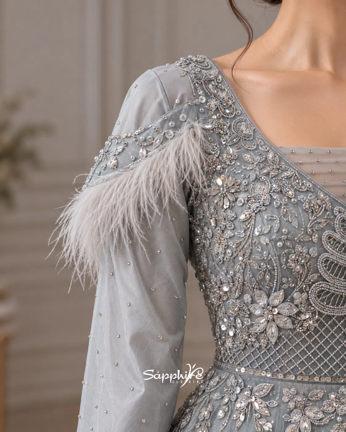 Silver Mist Feather Embellished Gown detail 6