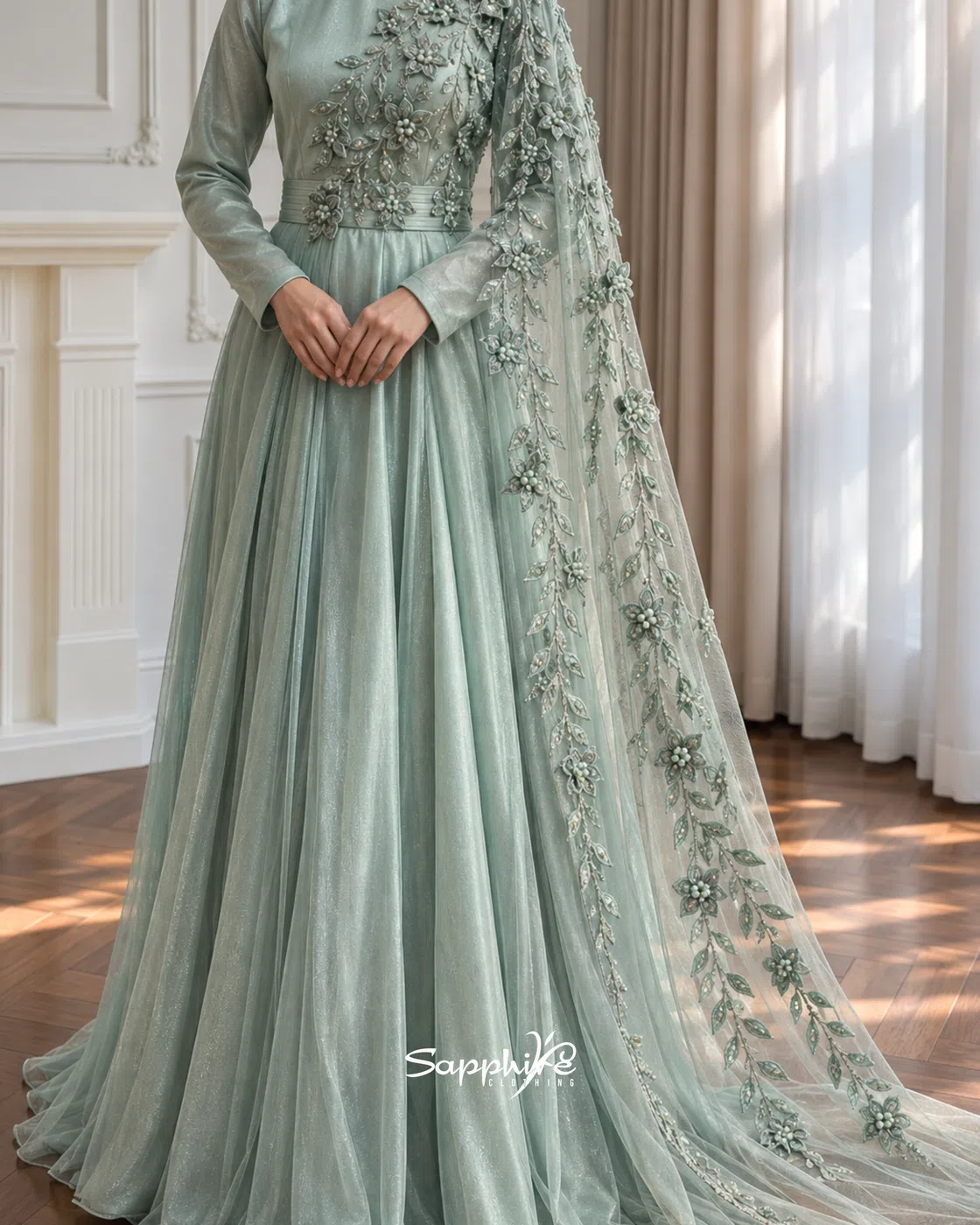 Sage Lumière Pearl Floral Gown detail 1