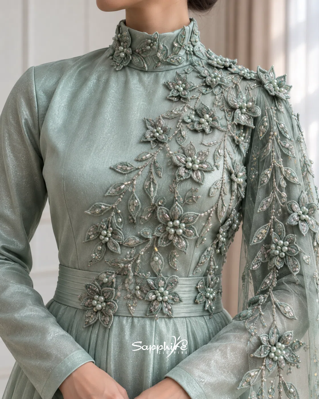 Sage Lumière Pearl Floral Gown detail 3