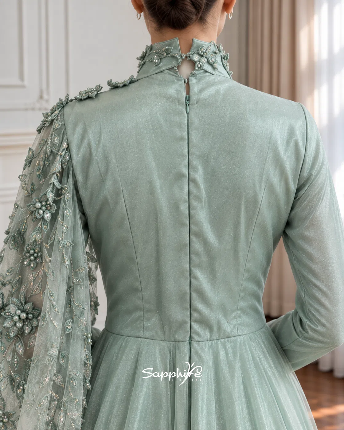 Sage Lumière Pearl Floral Gown detail 4