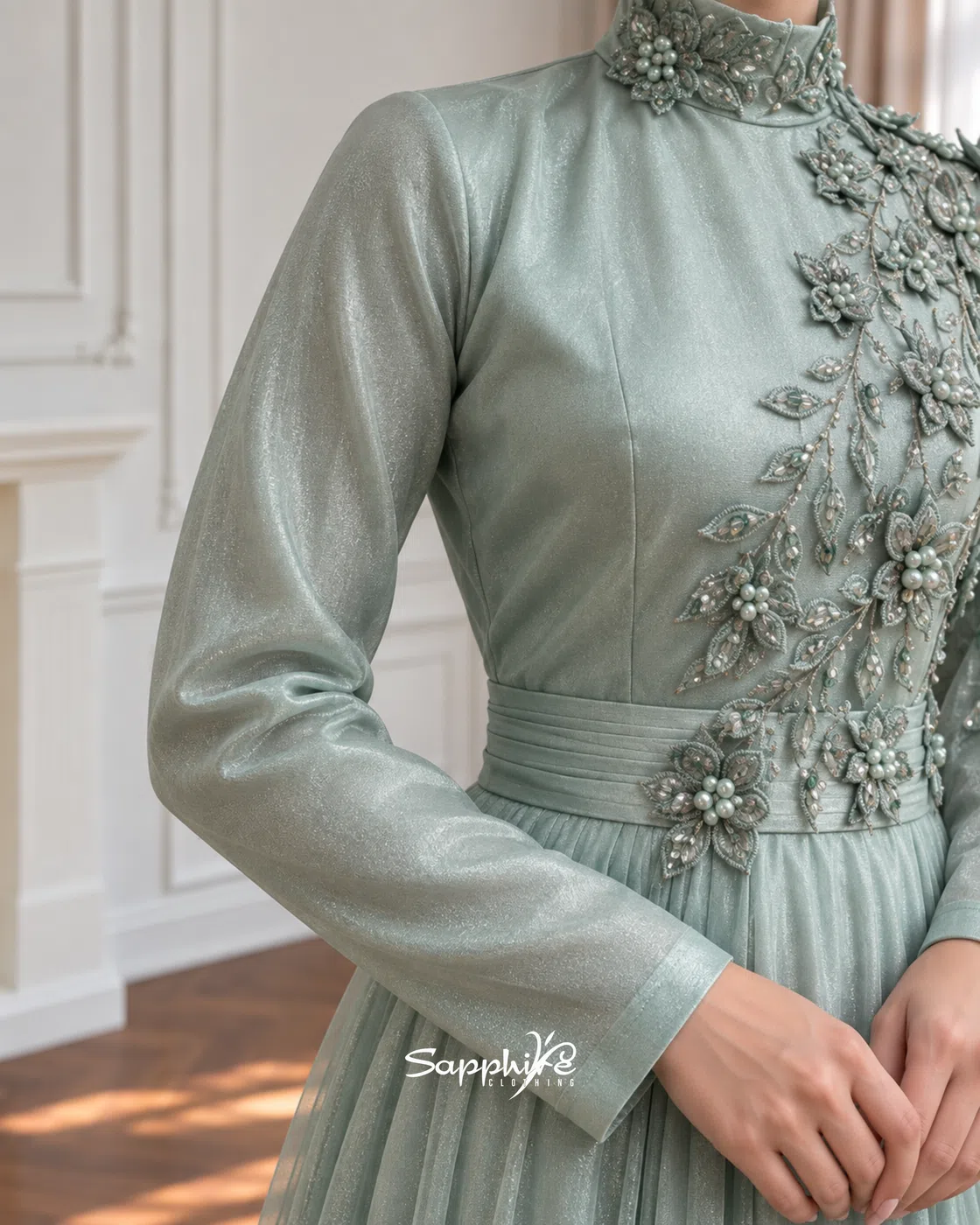 Sage Lumière Pearl Floral Gown detail 5