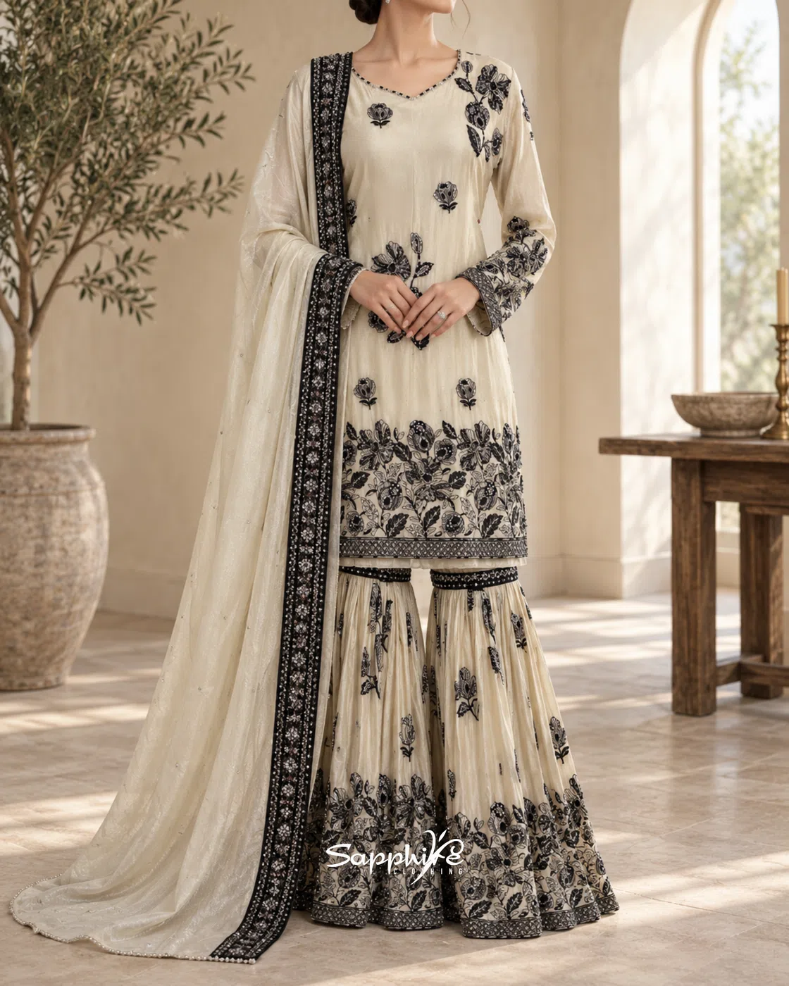 Ivory Noir Embroidered Gharara Set detail 1