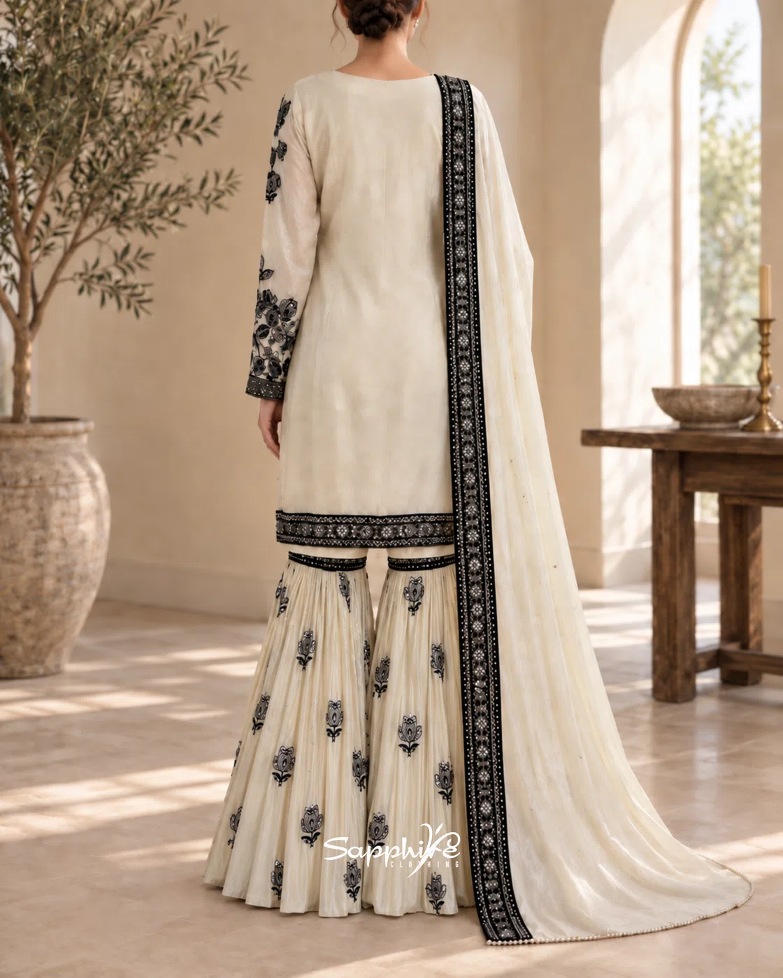 Ivory Noir Embroidered Gharara Set detail 2