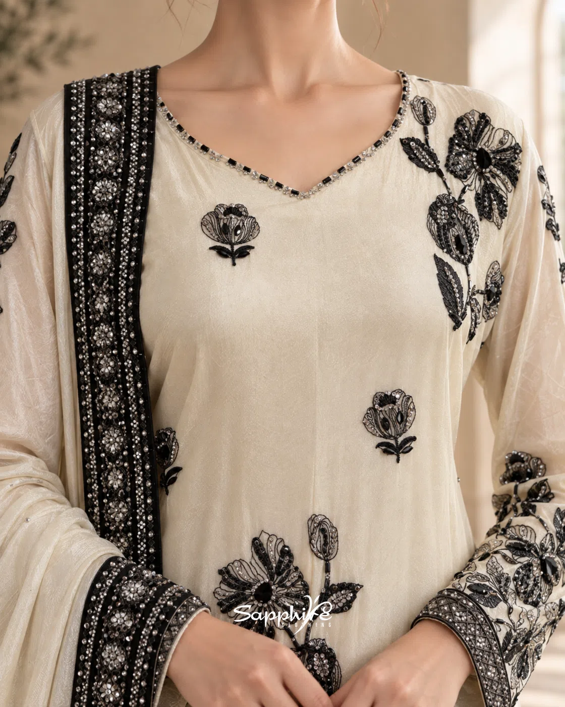 Ivory Noir Embroidered Gharara Set detail 3