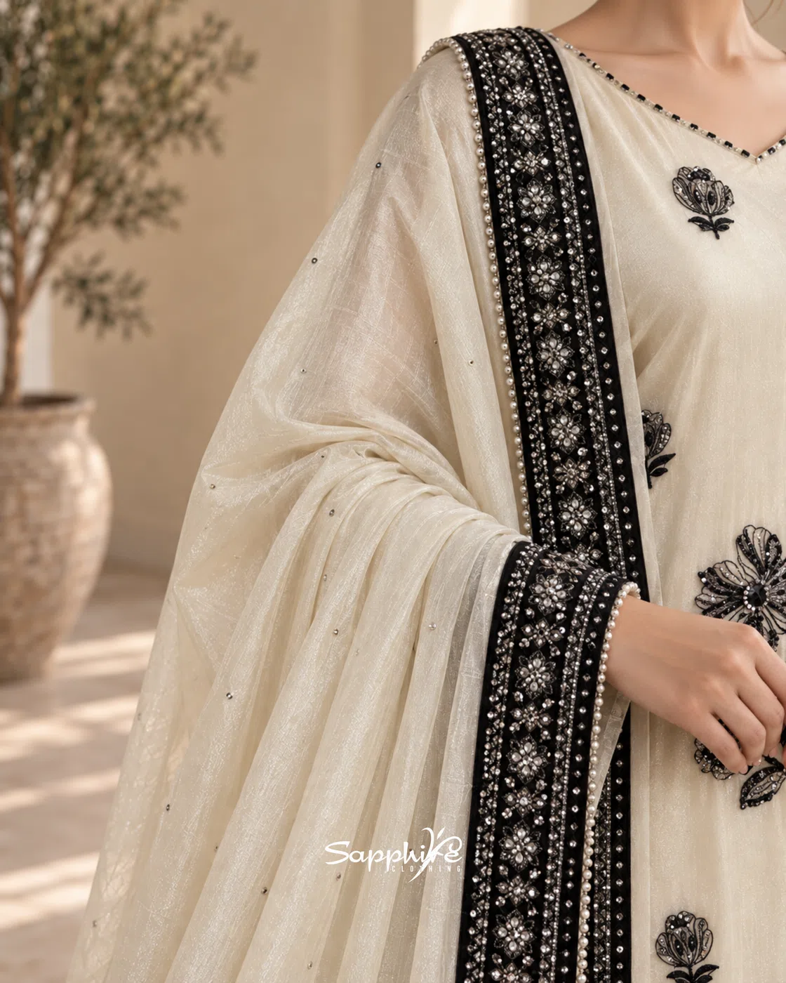 Ivory Noir Embroidered Gharara Set detail 5