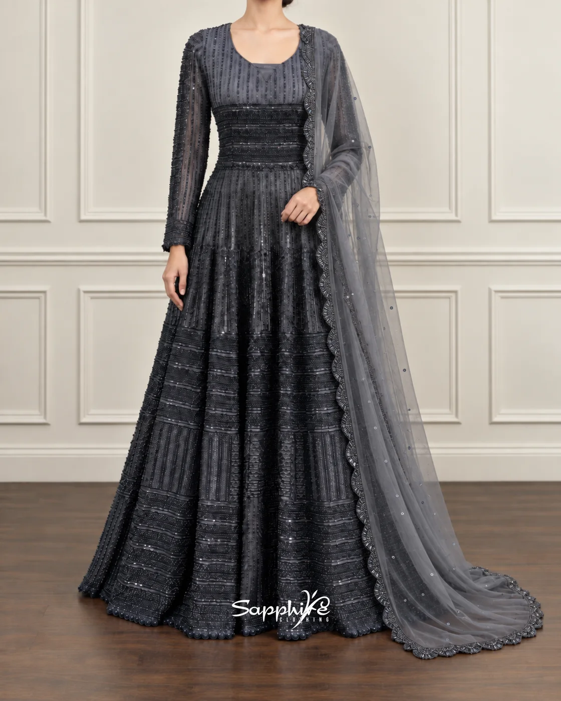 Nocturne Slate Embellished Partywear Gown detail 1