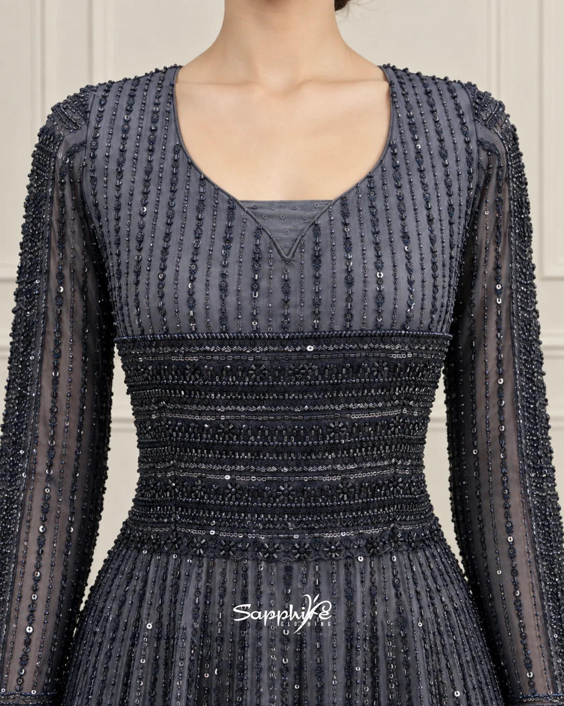 Nocturne Slate Embellished Partywear Gown detail 3