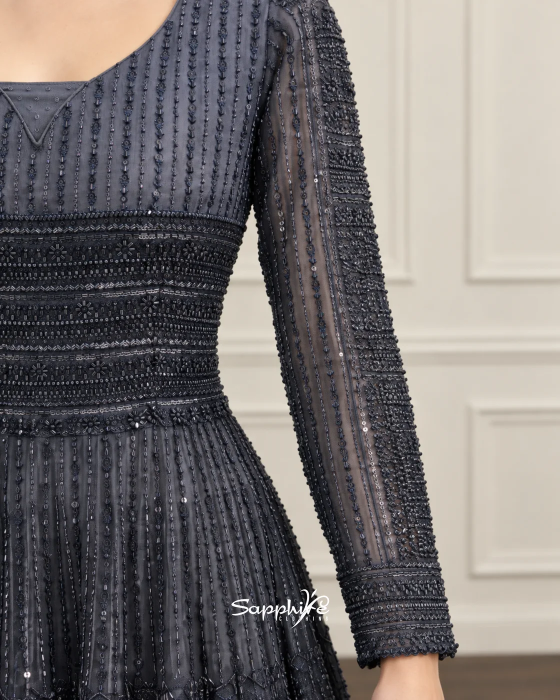 Nocturne Slate Embellished Partywear Gown detail 4