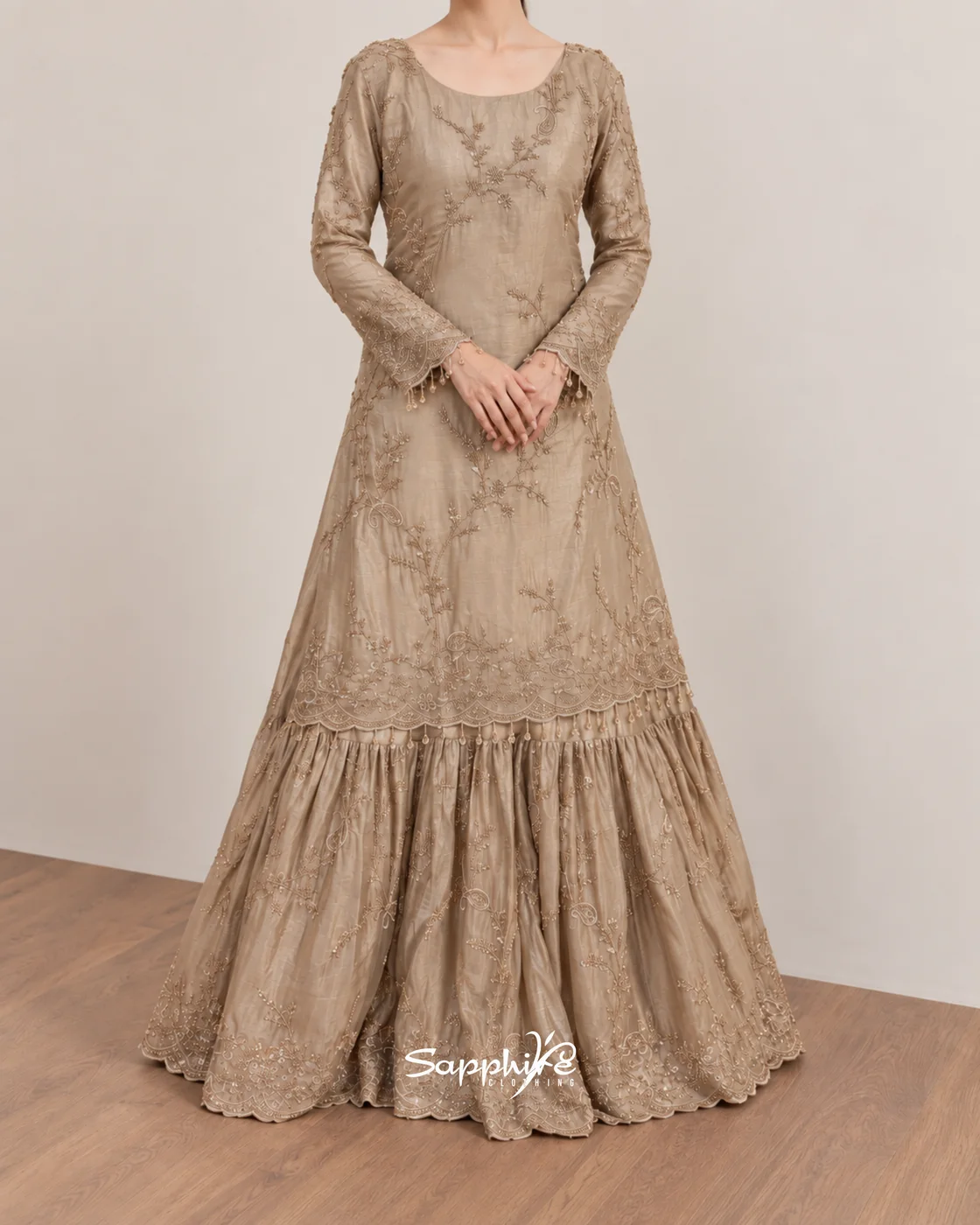 Seraphine Champagne Layered Embroidered Gown Set detail 1
