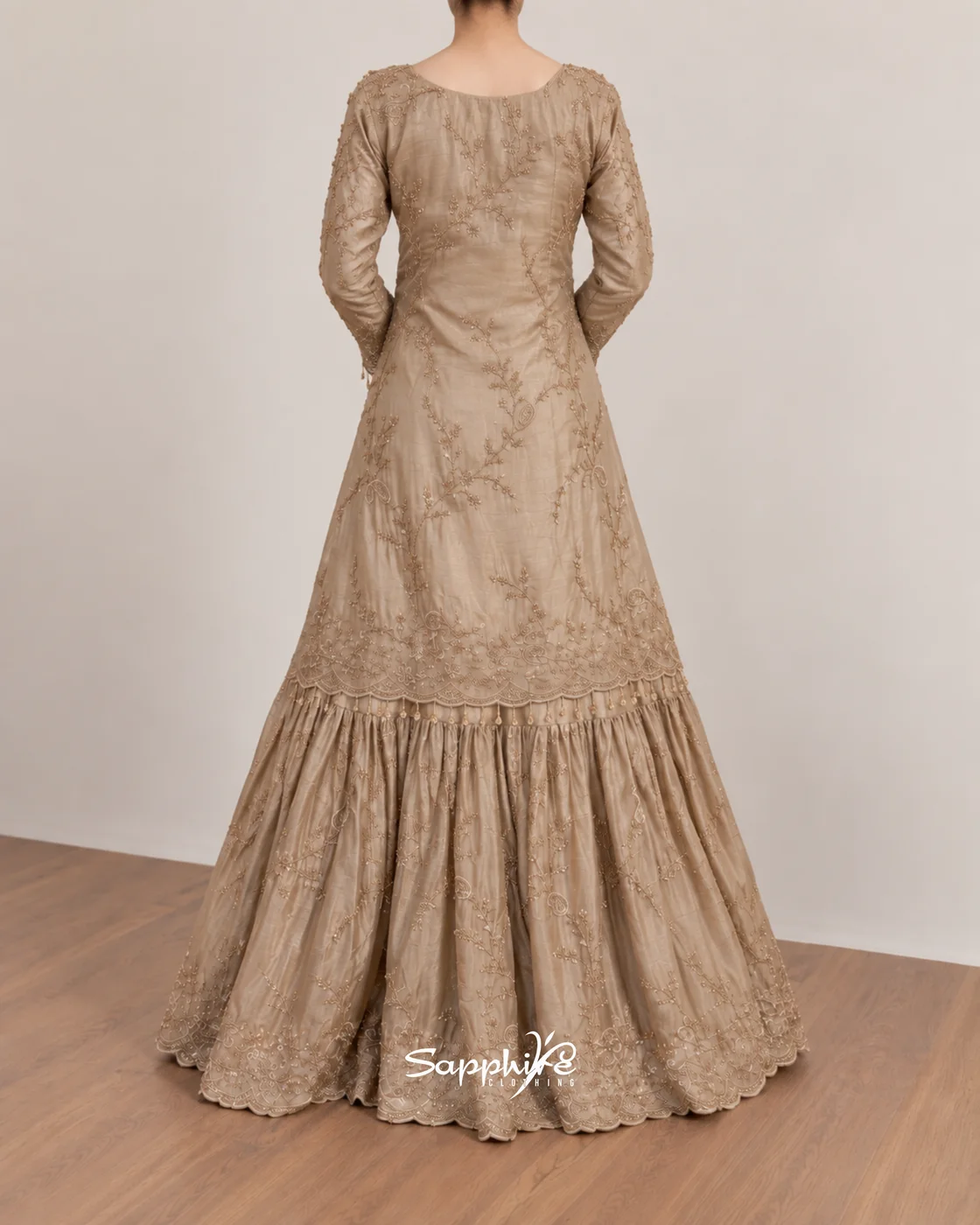 Seraphine Champagne Layered Embroidered Gown Set detail 2