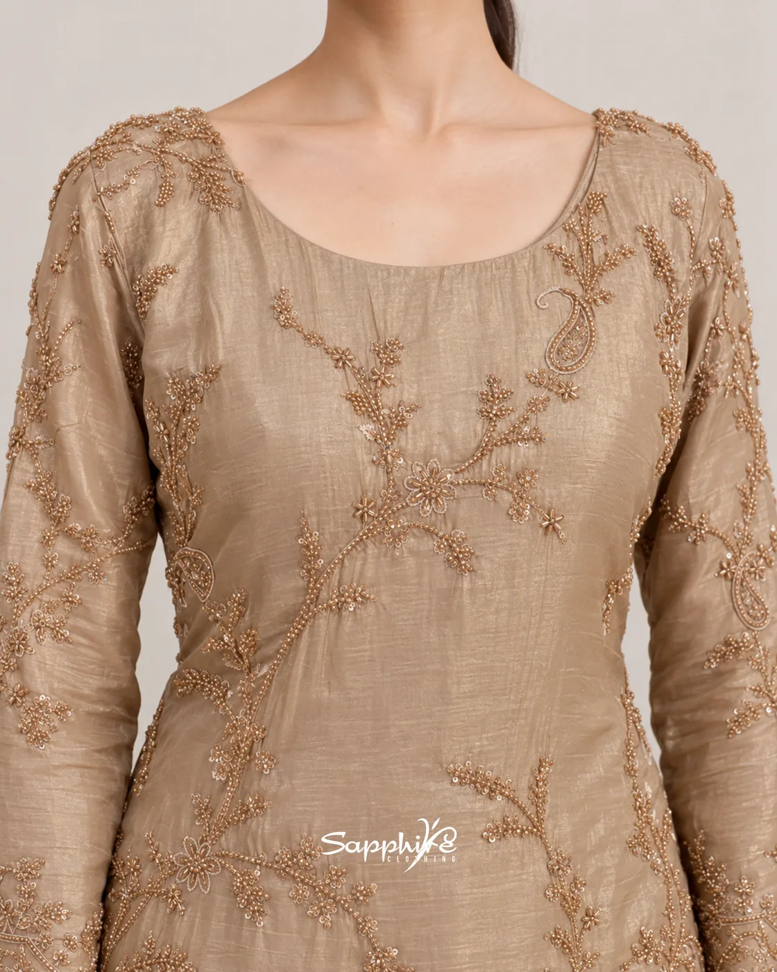 Seraphine Champagne Layered Embroidered Gown Set detail 3
