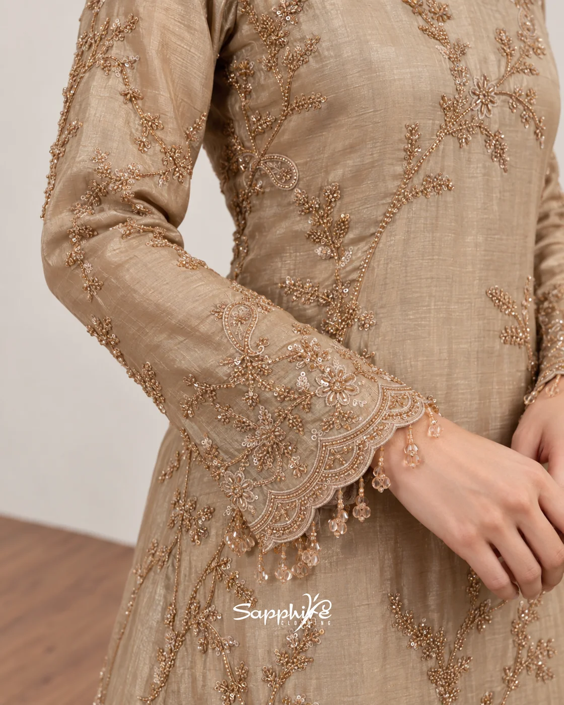 Seraphine Champagne Layered Embroidered Gown Set detail 5