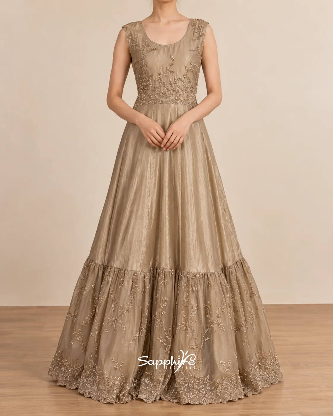 Seraphine Champagne Layered Embroidered Gown Set detail 8