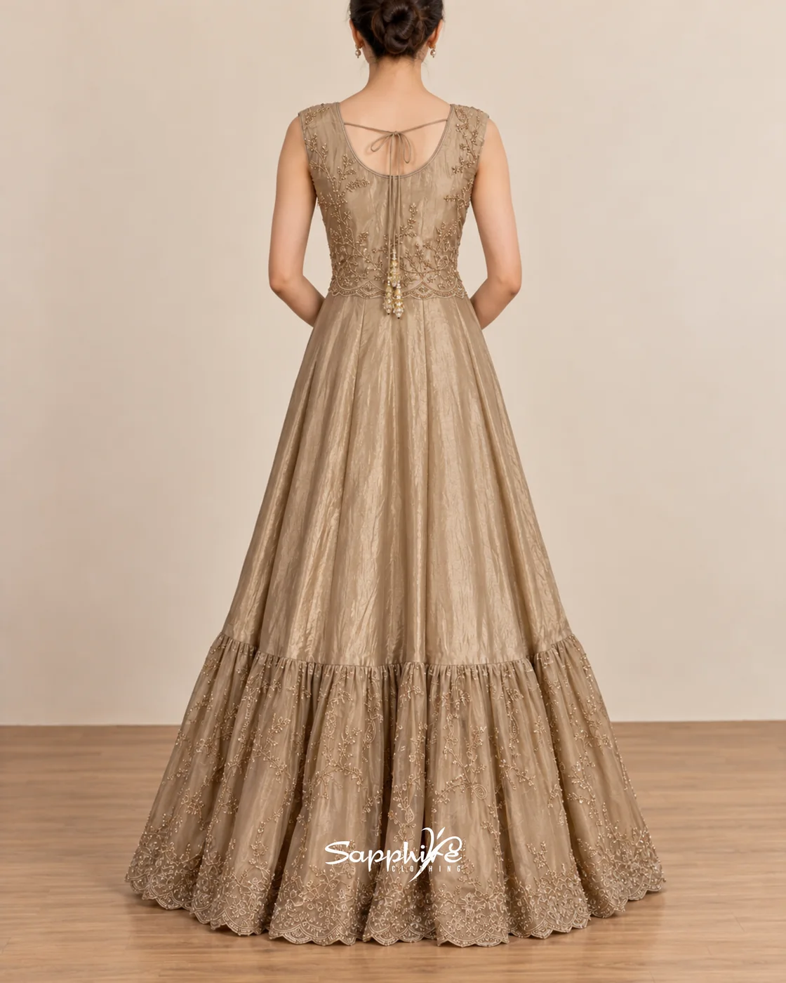 Seraphine Champagne Layered Embroidered Gown Set detail 9