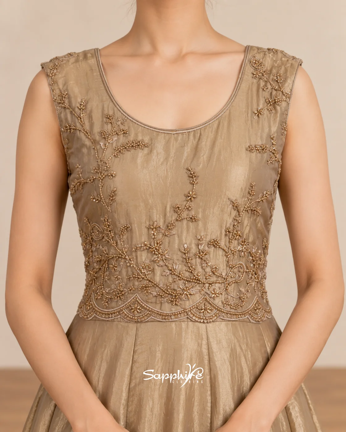 Seraphine Champagne Layered Embroidered Gown Set detail 10
