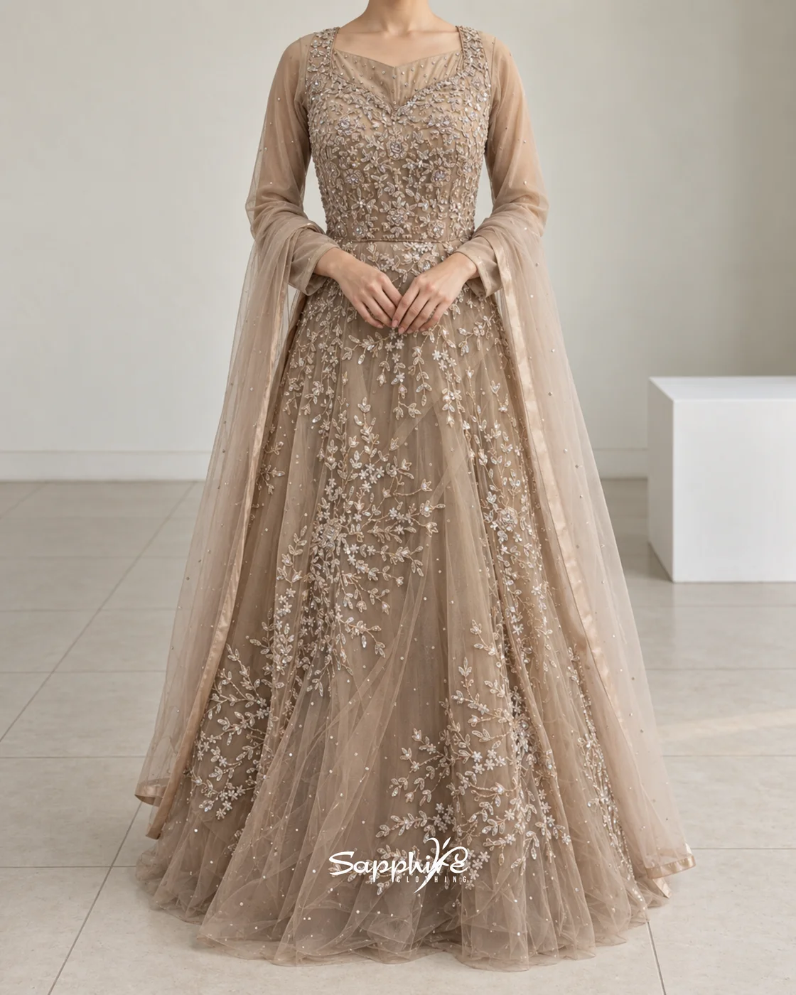 Elara Taupe Floral Embroidered Gown detail 1