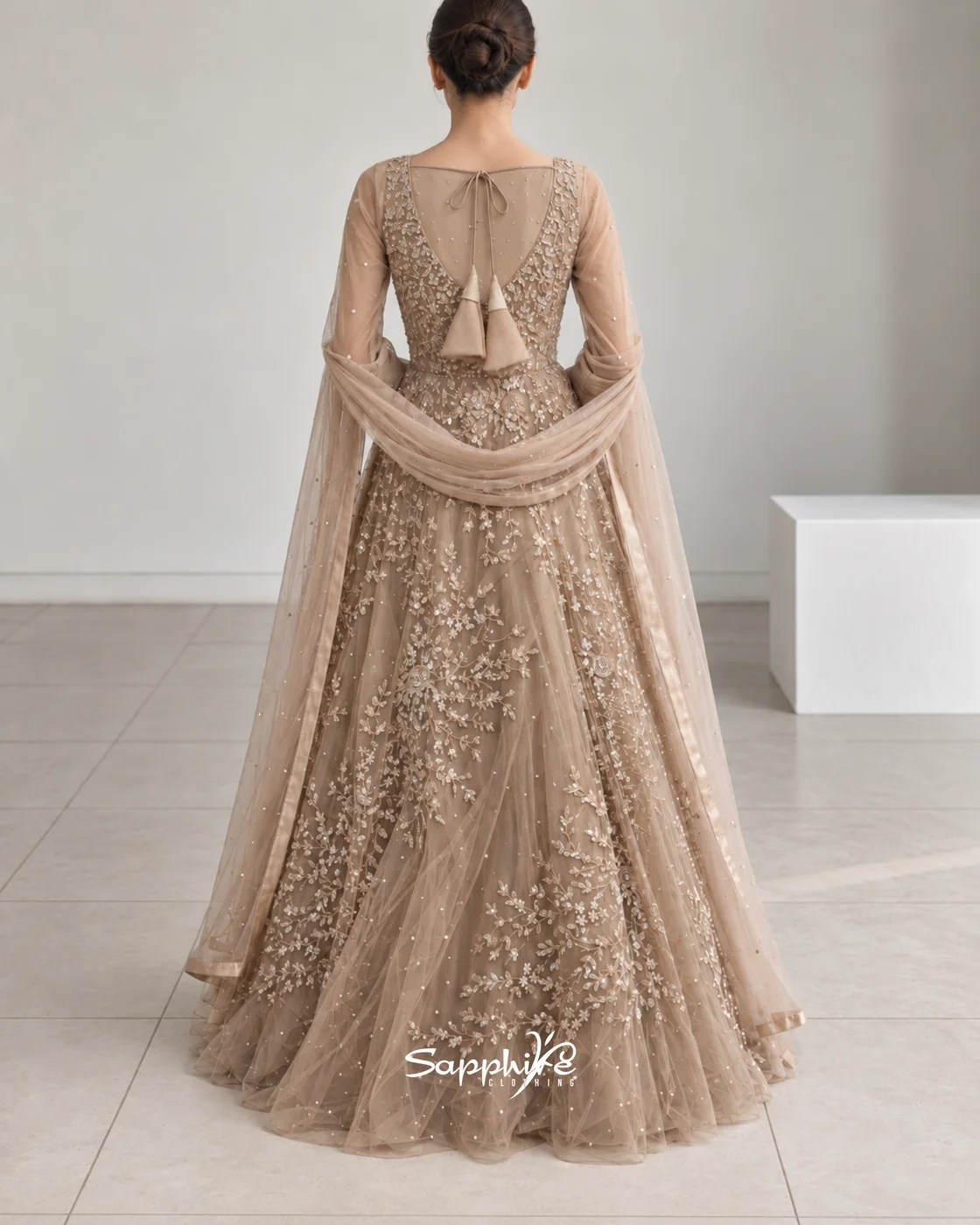 Elara Taupe Floral Embroidered Gown detail 2