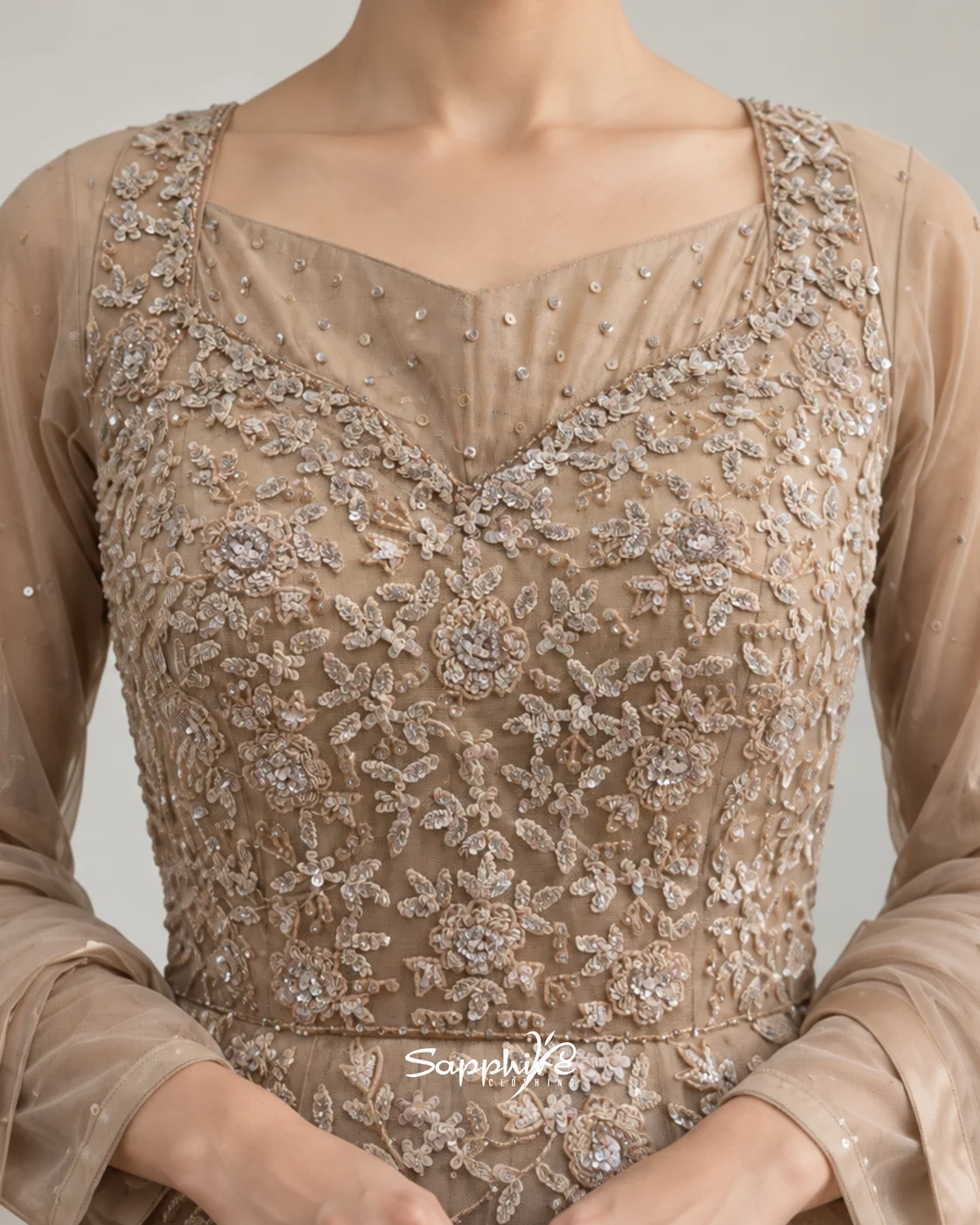 Elara Taupe Floral Embroidered Gown detail 3