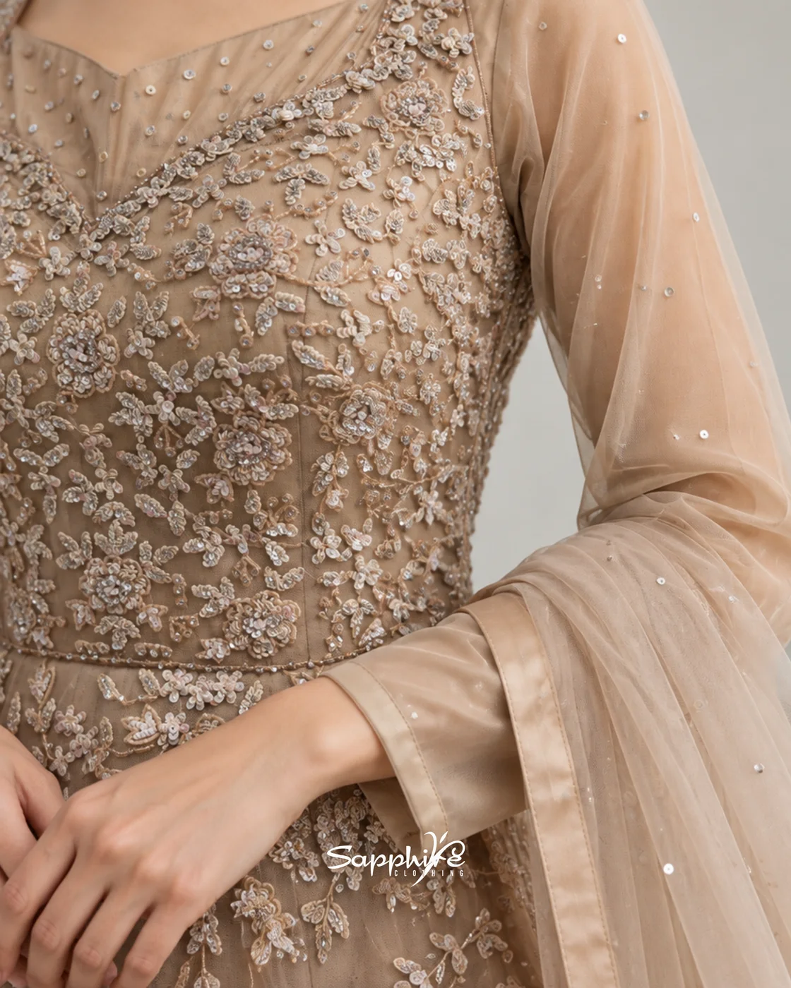 Elara Taupe Floral Embroidered Gown detail 5