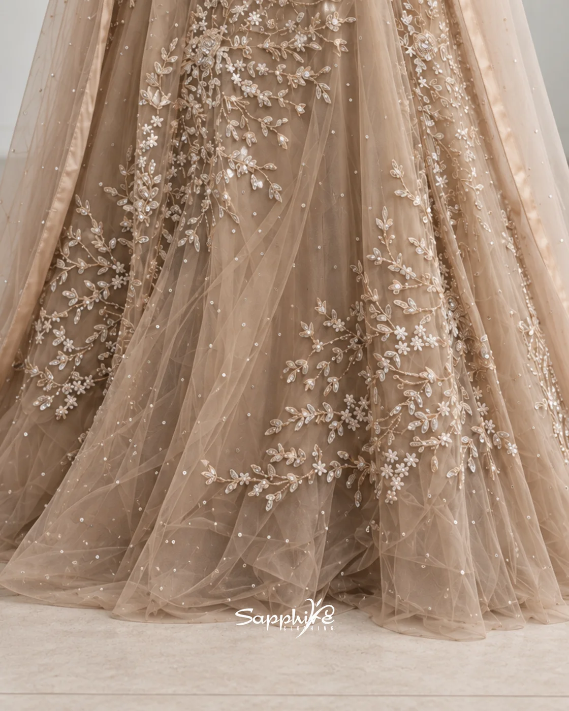 Elara Taupe Floral Embroidered Gown detail 6
